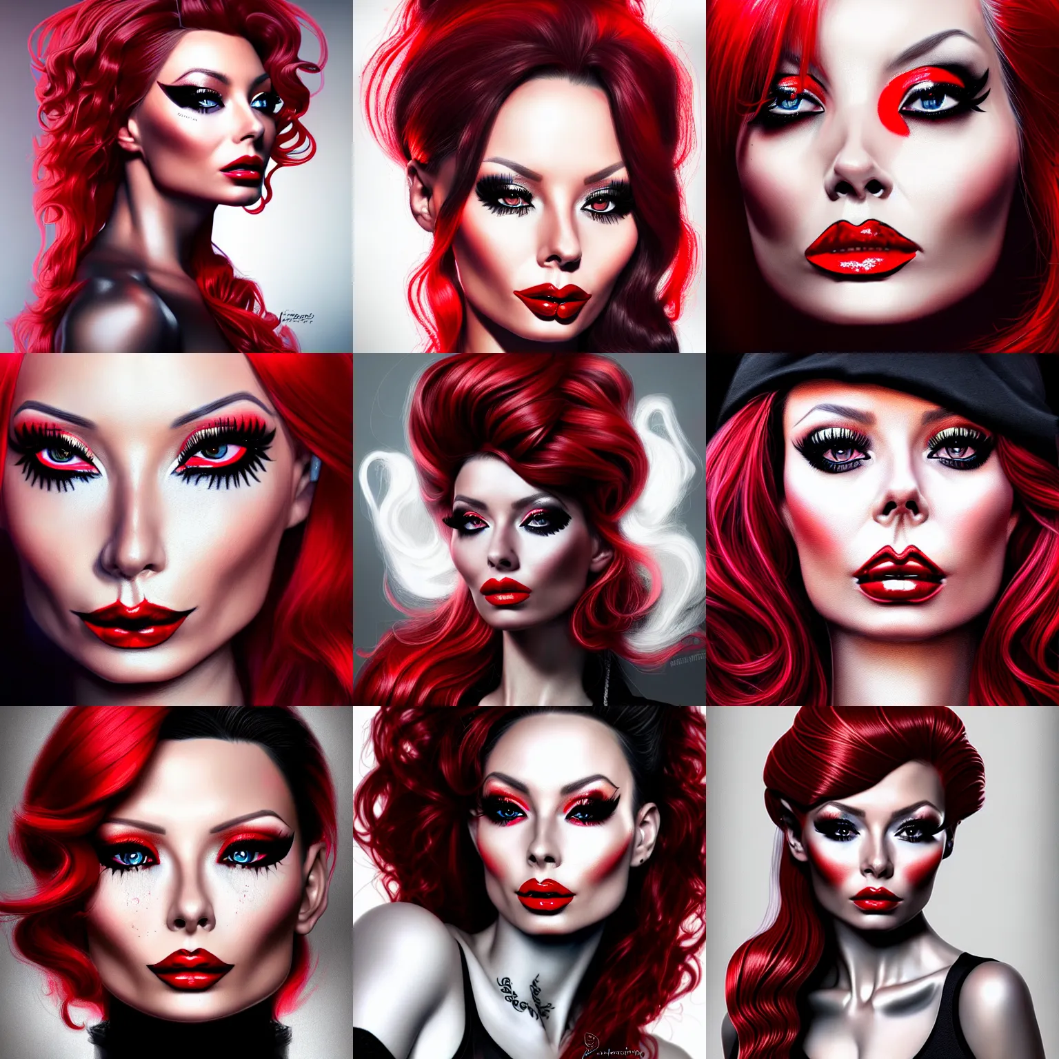 Prompt: a realistic illustration portrait of a beautiful isabelledeltore with curly black and red hair, black eyeliner, trending on artstation, hyper - realistic lighting, intricate, ross tran