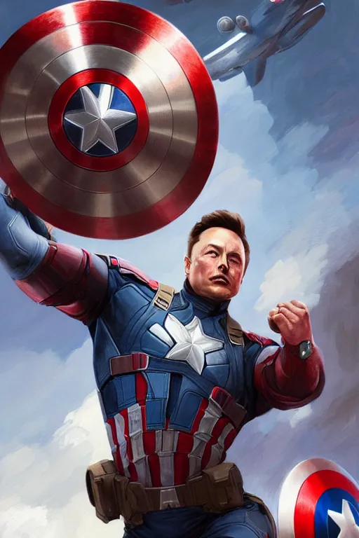 Image similar to elon musk as captain america, portrait, highly detailed, digital painting, artstation, concept art, smooth, sharp focus, illustration, cinematic lighting, art by artgerm and greg rutkowski and alphonse mucha