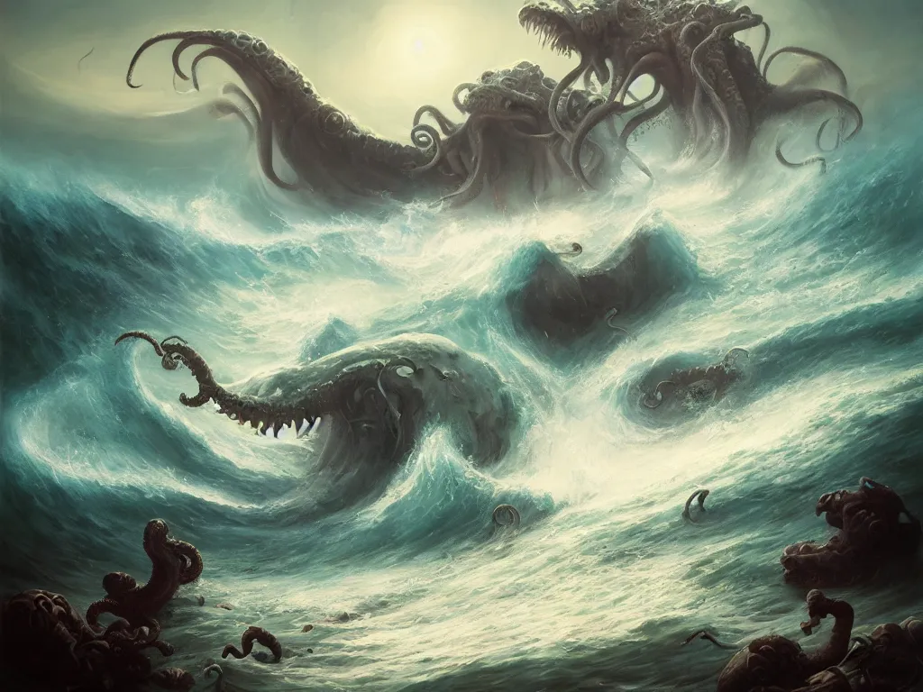 Image similar to oil painting of Cthulhu rising from the ocean, epic scene, gigantic monster, peter mohrbacher