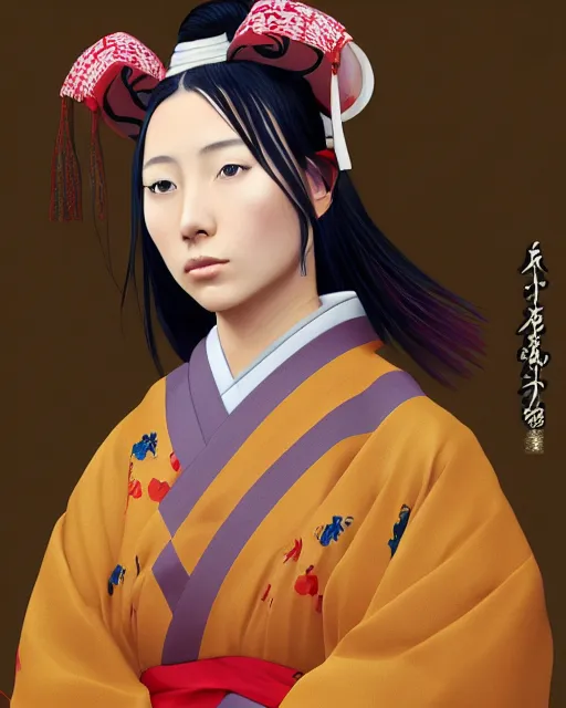 Prompt: native japanese young woman wearing traditional clothing and makeup, posing, highly detailed digital painting, trending on artstation, photoreal