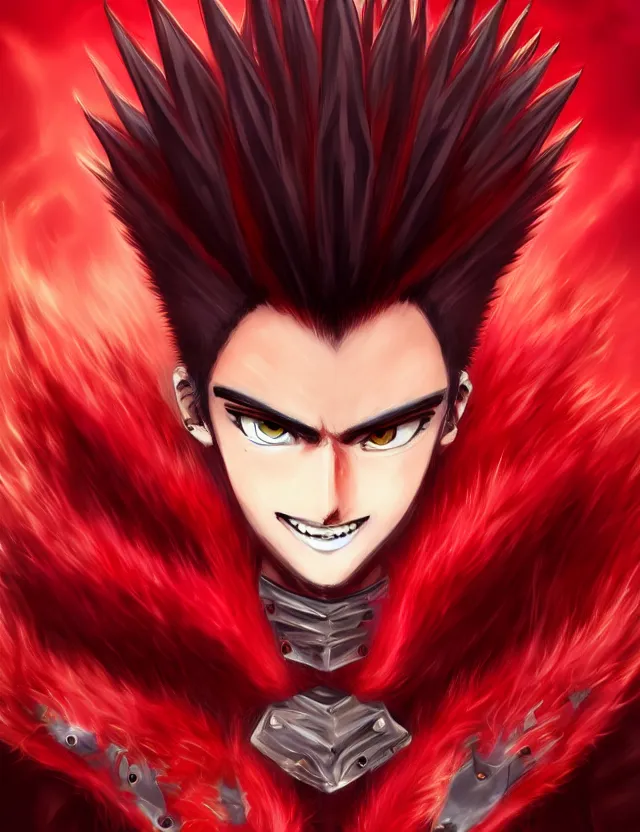 Image similar to a detailed manga portrait of an attractive tall boy with spiked crimson hair and a menacing smile in fiery crimson crystalline armour, trending on artstation, digital art, 4 k resolution, detailed, high quality, sharp focus, hq artwork, coherent, insane detail, character portrait