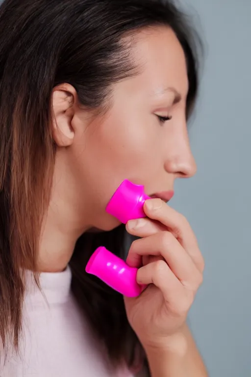 Image similar to Sideview of a Woman using a Pink Vapor Inhaler