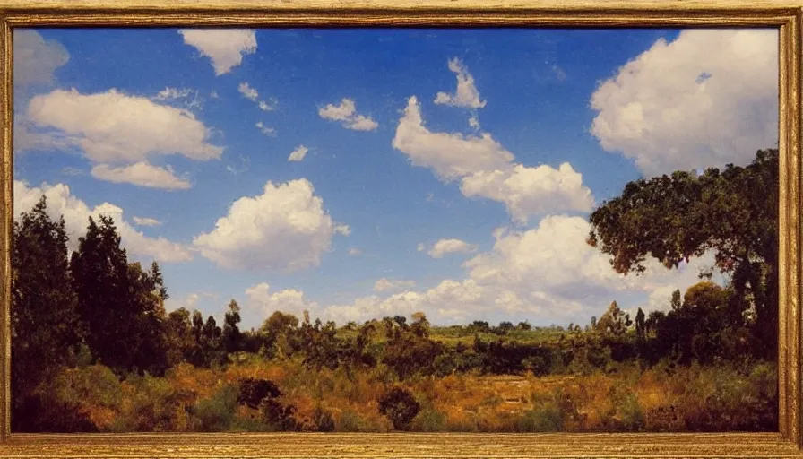 Prompt: a beautiful blue sky with white fluffy clouds by eugene von guerard, ivan shishkin, john singer sargent