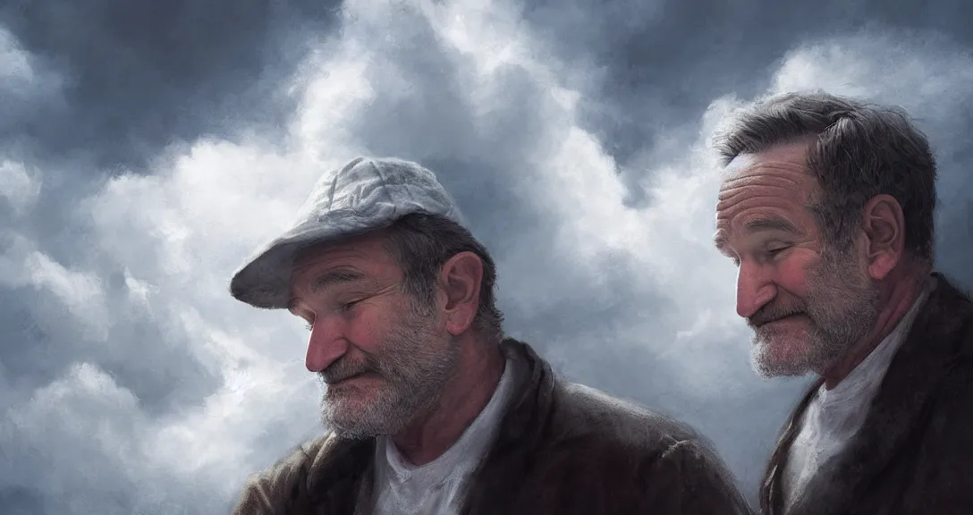 Image similar to robin williams is god, white beard, clouds, heaven, portrait, intricate, detailed, volumetric lighting, scenery, digital painting, highly detailed, artstation, sharp focus, illustration, concept art, ruan jia, steve mccurry