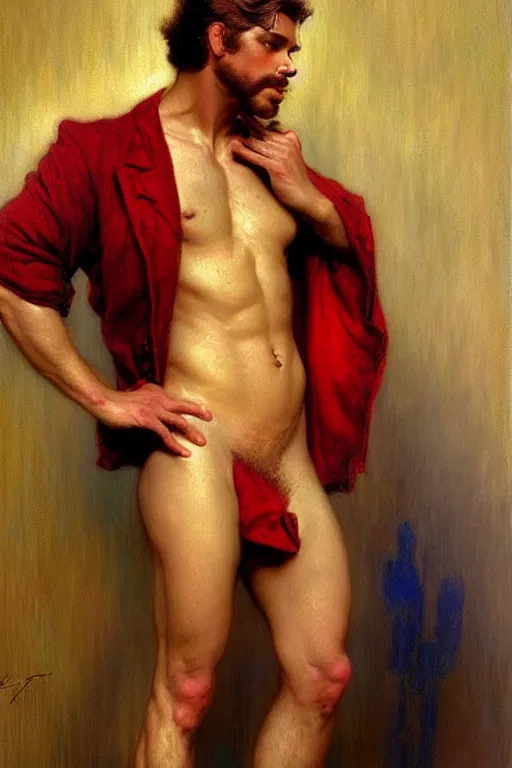 Image similar to attractive male, cloisonnism, character design, painting by gaston bussiere, craig mullins, j. c. leyendecker, tom of finland