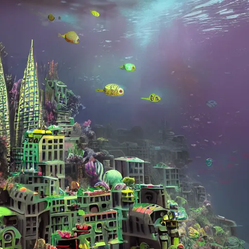 Prompt: a gigantic city base underwater, photo-realistic, colorful, dark, smog, complex, shot by a camera,