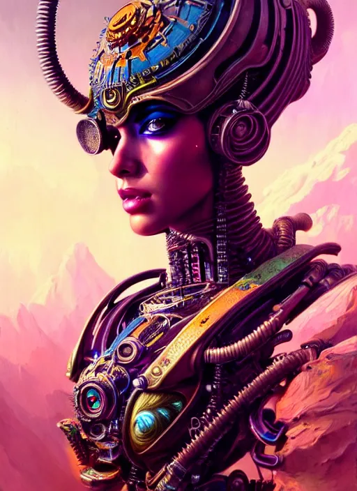 Image similar to hyper detailed ultra sharp of a aladdinpunk steampunk sci - fi vatika trending on artstation, warpaint aesthetic, earthwave, colorful, psychedelic, ornate, intricate, digital painting, concept art, smooth, sharp focus, illustration, art by artgerm and greg rutkowski and h. r. giger, 8 k