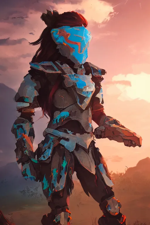 Image similar to combination suit armor aloy horizon forbidden west horizon zero dawn radiating a glowing aura global illumination ray tracing hdr fanart arstation by ian pesty and alena aenami artworks in 4 k tribal robot ninja mask helmet backpack