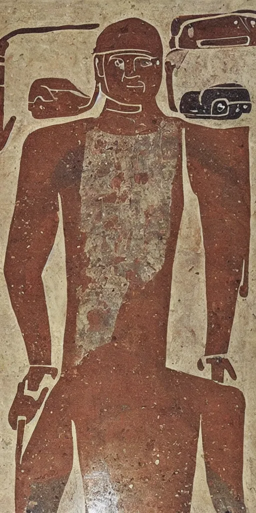 Image similar to sumerian mural of elon musk with ancient car