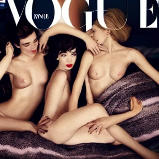 Image similar to stunning vogue magazine photo of dark - haired goddesses vanessa kirby, hailee steinfeld, and bjork smiling, legs intertwined, laying back on the bed, with wet faces!!, wet lips, perfect eyes, insanely detailed, elegant, by rutkowski, livia prima, mucha, wlop,