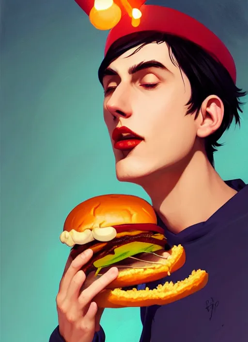 Image similar to portrait of jughead jones, eating a hamburger, wearing a crown, eyes closed, intricate, elegant, glowing lights, highly detailed, digital painting, artstation, concept art, smooth, sharp focus, illustration, art by wlop, mars ravelo and greg rutkowski