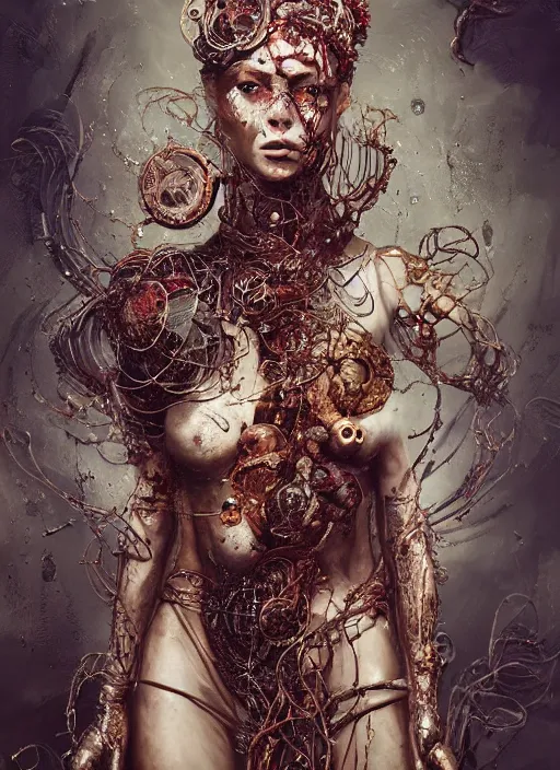 Image similar to expressive photo of sophia lauren, bumpy mottled skin full of blood and scars, ornate headpiece made from metals, cables and wires, hyper maximalist, elegant, body horror, by karol bak nd yoshitaka amano and greg rutkowski and jeremyg lipkinng and artgerm, photorealistic, fashion photography