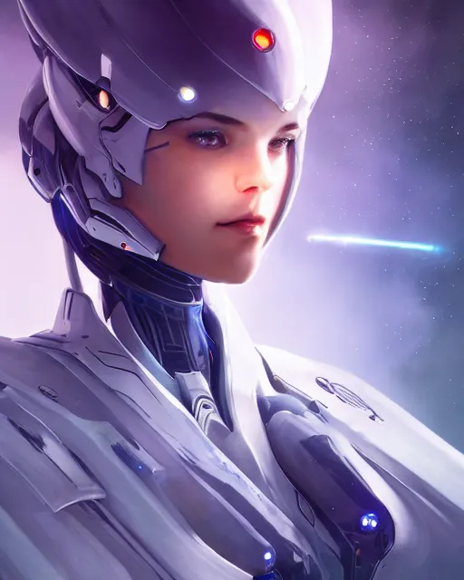 Image similar to perfect android girl on a mothership, warframe armor, beautiful face, scifi, futuristic, galaxy, nebula, raytracing, dreamy, long white hair, blue cyborg eyes, sharp focus, cinematic lighting, highly detailed, artstation, divine, by gauthier leblanc, kazuya takahashi, huifeng huang