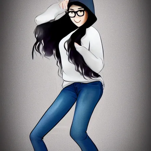 Prompt: a very beautiful girl with # e 0 a 3 7 a skin color, long, curly hair, stylistic oval black eyes, half - frame square glasses, grey hoodie opened, white t - shirt, white gloves, denim jeans, cartoon style, character art, cute, digital art, trending on artstation