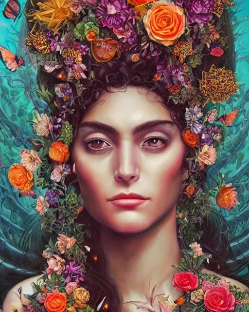 Image similar to portrait of the mexican queen of the underworld, surrounded by flowers by karol bak, james jean, tom bagshaw, rococo, sharp focus, trending on artstation, cinematic lighting, hyper realism, octane render, 8 k, hyper detailed.