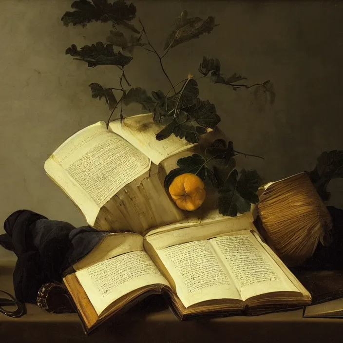 Image similar to still life painting of large book and greenery by pieter claesz, oil on canvas, strong lighting, highly detailed, hyper realism, golden hour, god rays, hd, 4 k