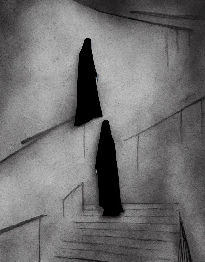 Prompt: a figure shrouded in a long trailing pitch black gown, descending a giant grand white staircase, photorealism, hyperrealism, harsh lighting, hyperrealism, dramatic lighting, medium shot, serious, gloomy, foreboding