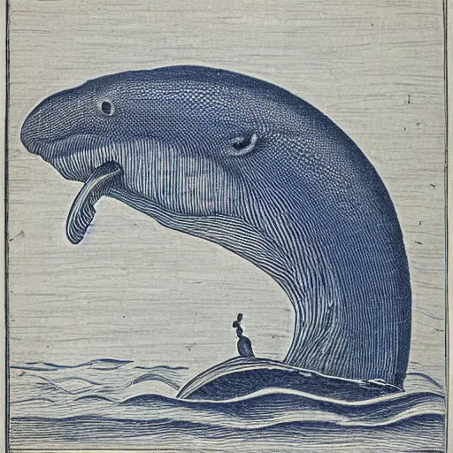 Image similar to blue whale eating the world, engraving from 1700s