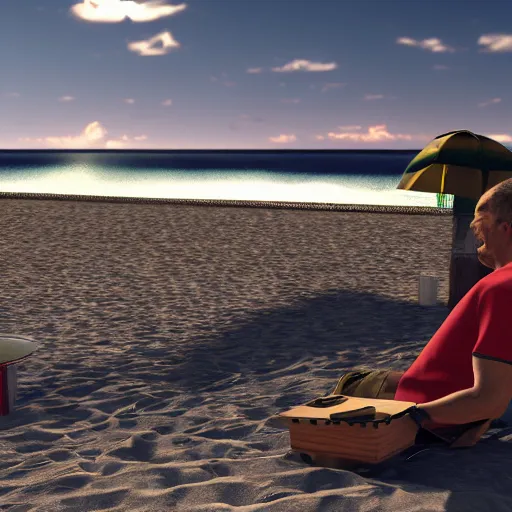 Image similar to a man chilling on the beach drinking golden premium gasoline, realistic, hdr, clear image, hdd, dynamic lighting, rtx on,