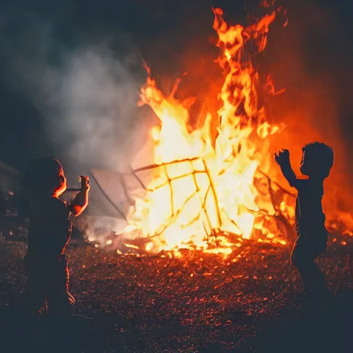 Prompt: a dragon saving a child from a fire, dramatic photography, silhouette, bokeh