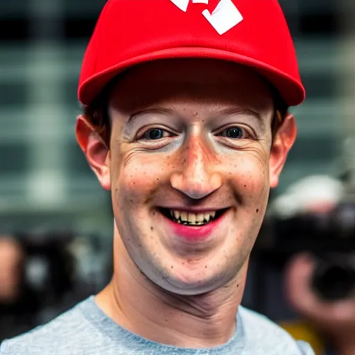 Image similar to Mark Zuckerberg as Super Mario, highly detailed, high quality, HD, 4k, 8k, Canon 300mm, professional photographer, 40mp, lifelike, top-rated, award winning, realistic, sharp, no blur, edited, corrected, trending