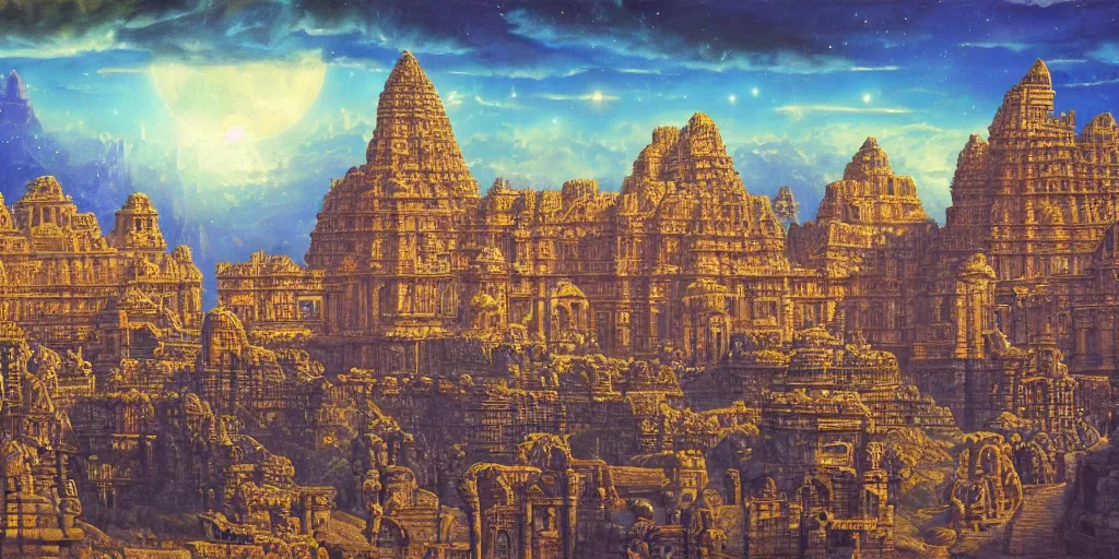 Prompt: fantasy oil painting, mega structure city, indore, kailasa temple, ellora, argos, hybrid, looming, small buildings, warm lighting, street view, overlooking, interstellar space port launching dock, epic, distant mountains, bright clouds, luminous sky, cinematic lighting, michael cheval, david palladini, artstation, oil painting, natural tpose