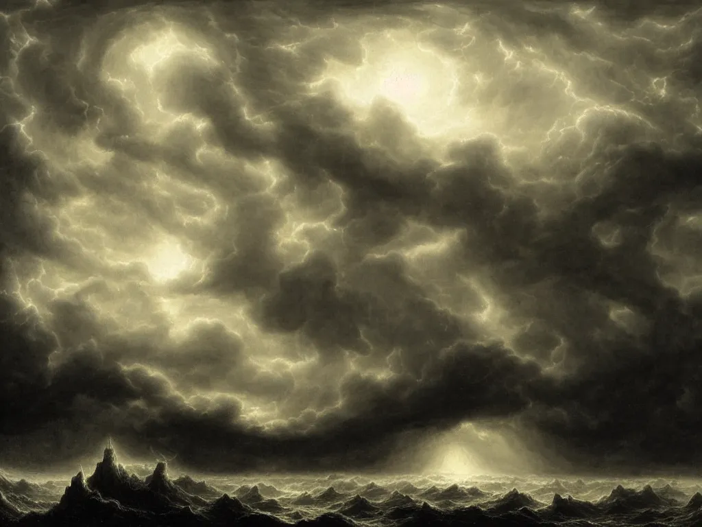 Image similar to very detailed, dark super storm, hyper realistic clouds, impressive, magical, very atmospheric, fog, cinematic, deep, very high complexity, stunning, dramatic masterpiece, iridescent, chiaroscuro, by gustave dore, caspar david friedrich, ian miller, very detailed. 4 k