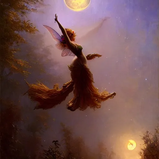 Image similar to attractive fairy magically floating high in the night, fantasy, full moon in background. highly detailed painting by gaston bussiere, craig mullins, j. c. leyendecker, mid shot, 8 k realistic, cryengine, frostbite 3 engine, sharp focus