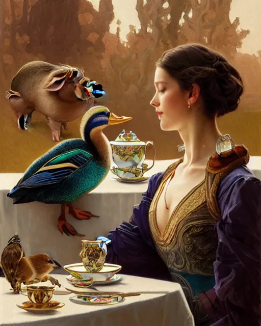 Image similar to Portrait of Anya Anasova & a mallard & a pig having tea at the Ritz, real life skin, intricate, elegant, highly detailed, artstation, concept art, smooth, sharp focus, art by artgerm and greg rutkowski and alphonse mucha