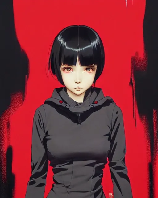 Prompt: black haired girl wearing a surgical mask and red dress | | audrey plaza, warframe armor, fine detail!! anime!! realistic shaded lighting!! poster by ilya kuvshinov katsuhiro otomo ghost - in - the - shell, magali villeneuve, artgerm, jeremy lipkin and michael garmash and rob rey