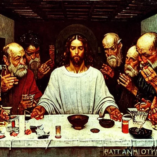 Prompt: the last supper painted by norman rockwell