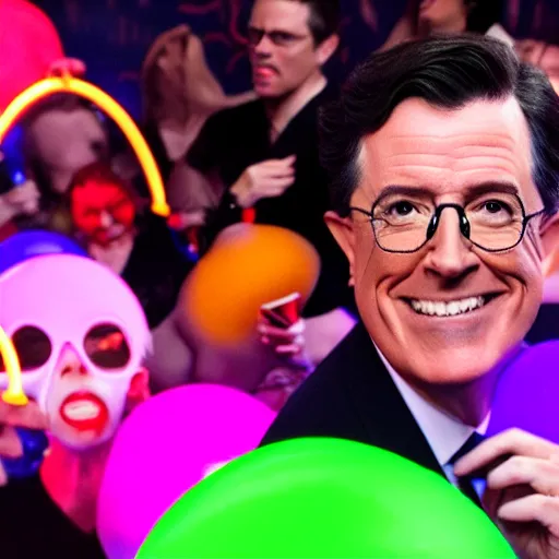 Prompt: stephen colbert at a rave, with a pacifier and glow sticks