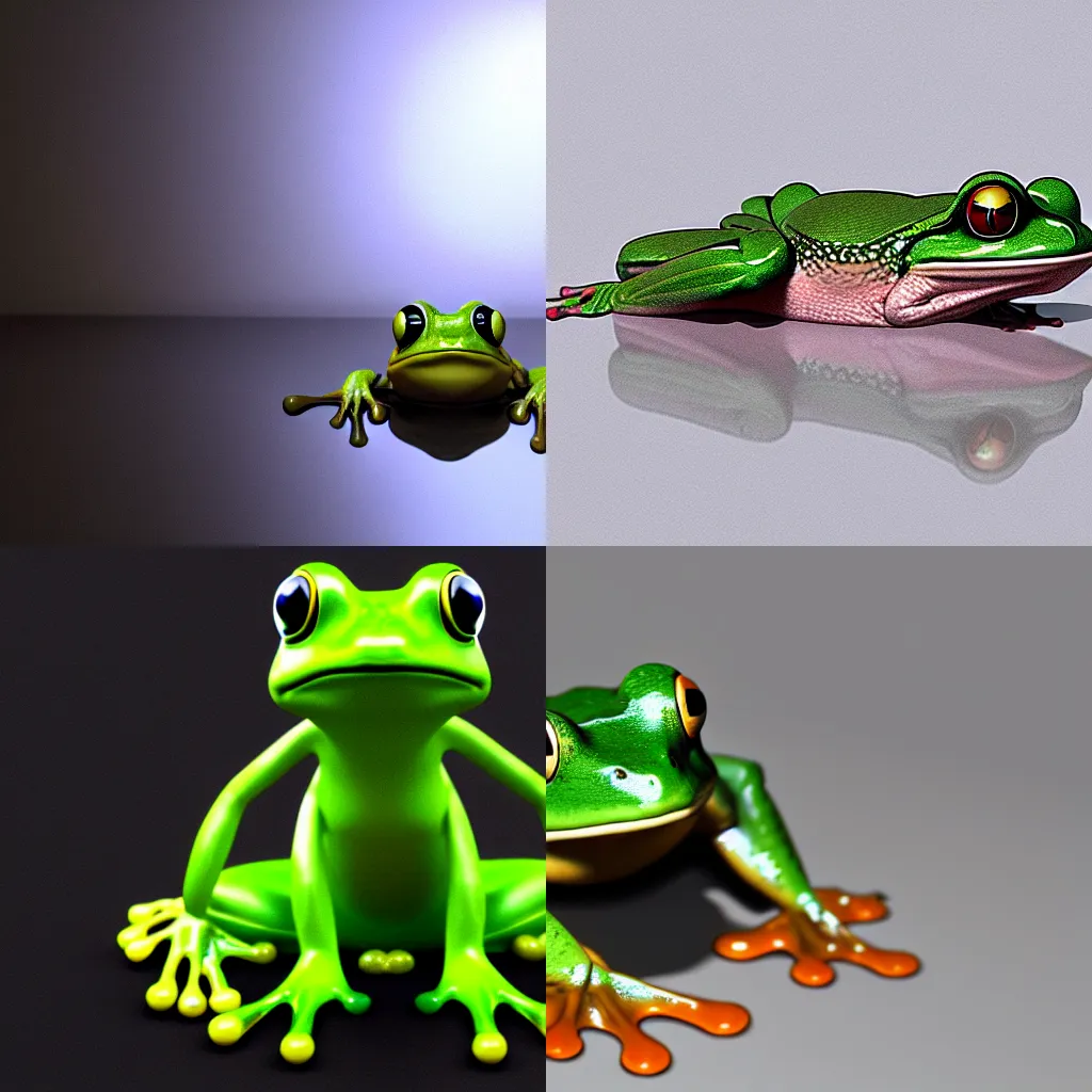 Prompt: The Wednesday frog and all his orbs hanging out, high quality render, realistic reflections, reflective surfaces, natural lighting