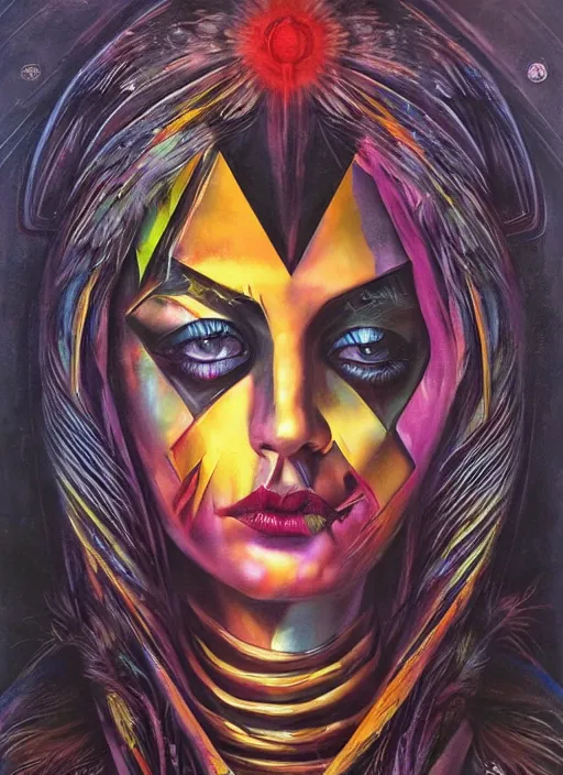 Image similar to tripping magic cult psychic woman, painted face, third eye, energetic consciousness psychedelic, epic surrealism expressionism symbolism, story telling, iconic, dark robed, oil painting, symmetrical face, dark myth mythos, by sandra chevrier, bruce pennington, masterpiece