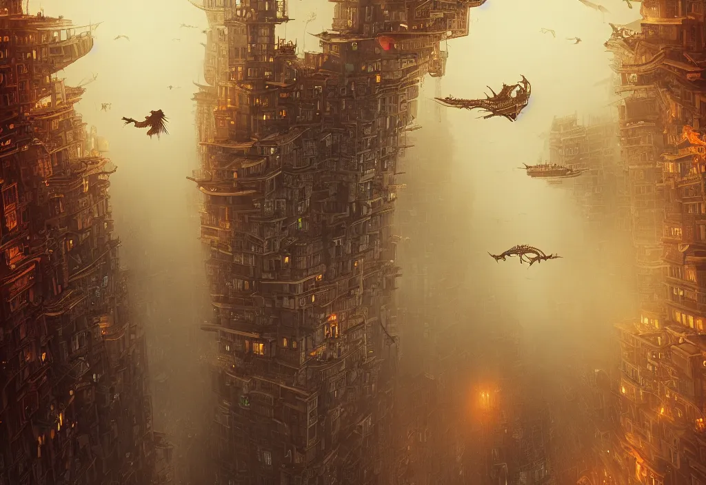 Image similar to flying dragon city by alena aenami, zeppelin dock, city flying in the air, mist below buildings, steampunk, looking from below, thick fog, digital art, 4 k, trending on artstation, epic composition, highly detailed, golden hour