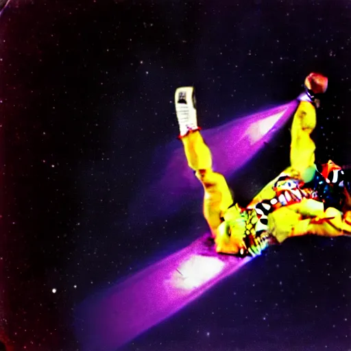 Prompt: Macho Man Randy Savage elbow drop from space. Wide angle. Low perspective. High Quality, Sports photography. NASA