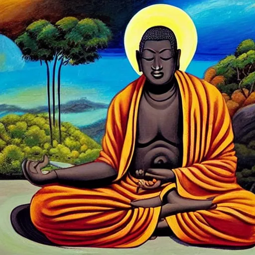 Prompt: contented peaceful south african!!! male!!! buddha, praying meditating, in a scenic environment, detailed, expressionist painting by ernie barnes and gerard sekoto