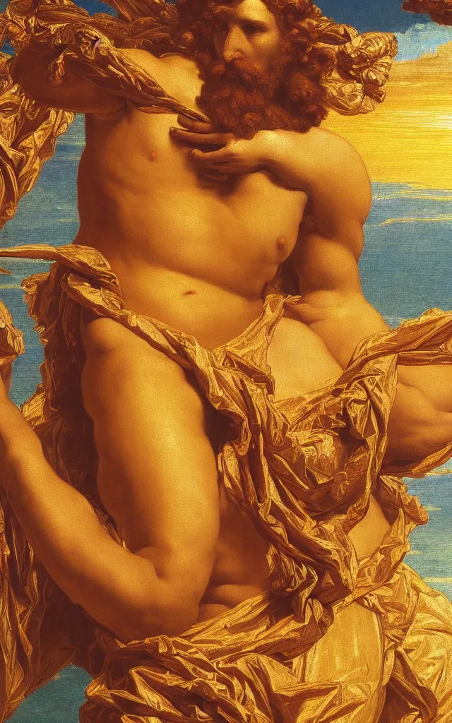 Prompt: a beautifully high detail, intricate, clear detailed portrait of a close up of zeus with an ornate golden teal curtain at beautiful sunset daytime nature sunlit nebula background painting by frederic leighton and rosetti, 8 k