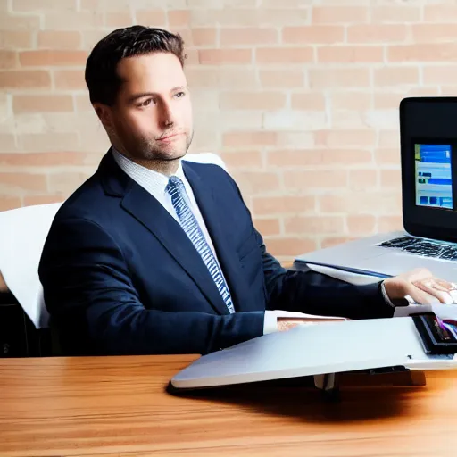 Prompt: Chubby clean-shaven white businessman sitting at a wooden conference table typing on a laptop keyboard, his right black shoe is resting on table next to laptop