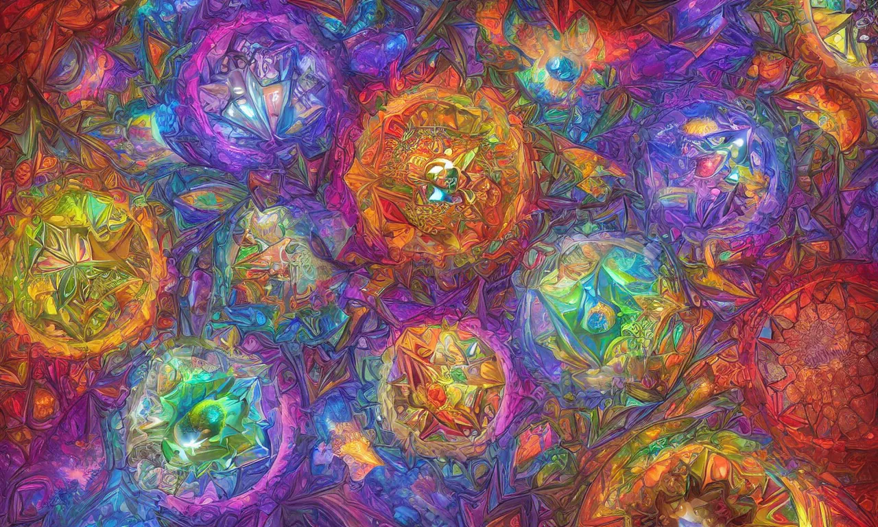 Image similar to voronoi engine laboratory 3 d volume kaleidoscope mandala fractal chakra digital multicolor stylized concept substance by artgerm, rossdraws, norman rockwell, magali villeneuve, gil elvgren, alberto vargas, earl moran, enoch bolles radiating a glowing aura global illumination ray tracing hdr