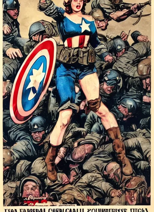 Image similar to female captain america standing on a pile of defeated german soldiers. feminist captain america wins wwii. american wwii propaganda poster by james gurney