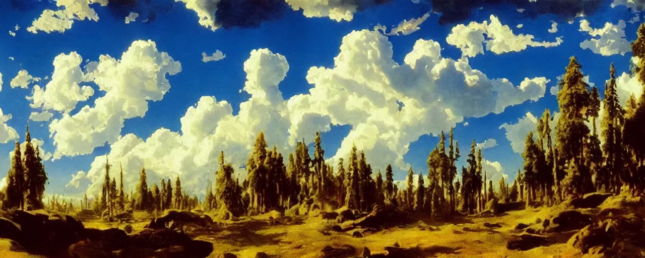 Image similar to disney illustrated background of blue sky huge clouds by eugene von guerard, ivan shishkin, john singer sargent