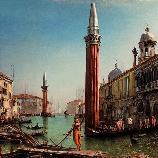 Image similar to beautiful painting of dieselpunk venice with decaying religious monuments alongside mechanical venetian automas in the style of Caspar David Friedrich