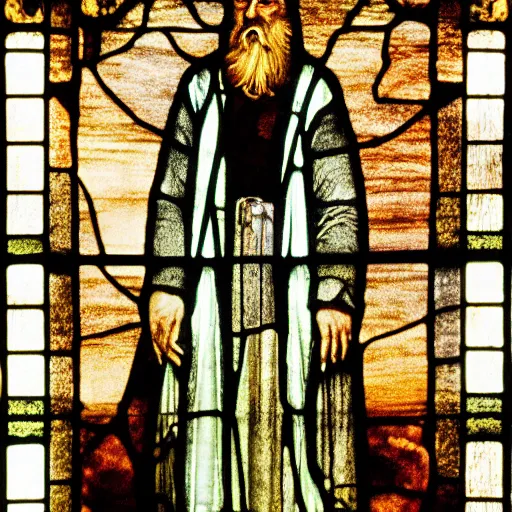 Prompt: double exposure of a bearded benedictine abbot blending into a beautiful stained glass window in the style of true detective