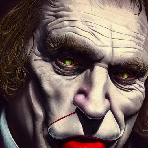 Image similar to [Gerard Depardieu as the Joker as president of France!, closeup, D&D, intricate, elegant, highly detailed, digital painting, artstation, concept art, matte, sharp focus, illustration, art by Artgerm and Greg Rutkowski and Alphonse Mucha]