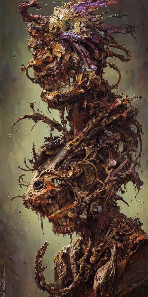 Prompt: portrait of a very ugly goblin by irakli nadar with intricate detailed color smashing fluid oil paint and acrylic, headdress made of bones, melting wax, mycelia, abstract impressionism, ruan jia, fantasy, hyper detailed, concept art, by peter mohrbacher and gustav klimt,