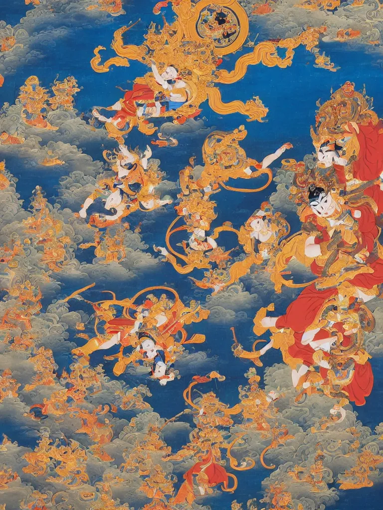 Image similar to a Beautifully exquisite WUKONG Thangka, with intricate details and bright colors. WUKONG is shown in the center, surrounded by demons that he is defeating. The background is a deep blue, with mountains and clouds. The thangka is framed in a gold border, from which rays of light are emanating by WU DAOZI, zhang xuan, qiu ying, Chris Saunders,