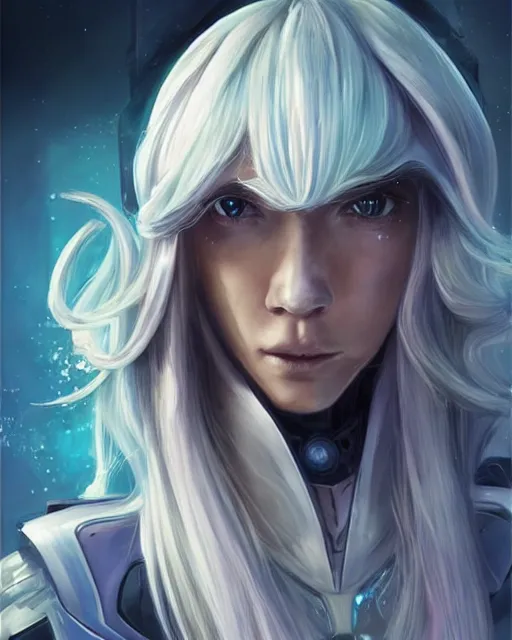 Image similar to beautiful girl on a mothership, android, warframe armor, pretty face, scifi, futuristic, galaxy, raytracing, dreamy, perfect!!!, digital painting, long white hair, blue cyborg eyes, sharp focus, concept art, highly detailed, artstation, intricate, innocent, art by gauthier leblanc, kazuya takahashi, huifeng huang