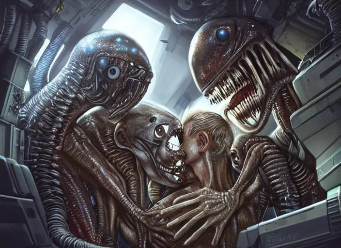 Prompt: highly detailed digital art, diverse, 3 humans making out passionately with jim henson creature shop aliens in cargo bay on the nostromo, cg society, artstation