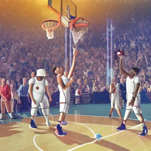 Prompt: astronauts playing basketball in space in front of an alien crowd, photorealistic, 4k, high detail